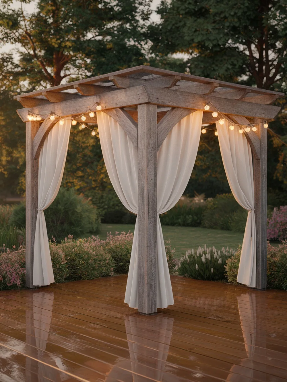 Rustic wooden pergola with draped white curtains and string lights, set in a garden