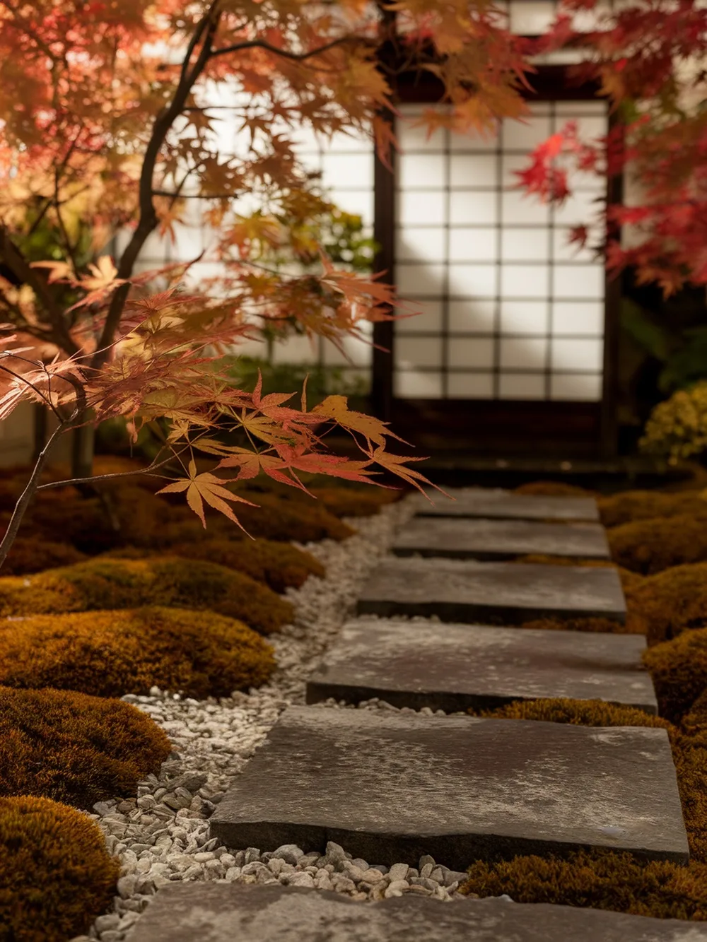 A small Japanese garden featuring autumn foliage with red maple leaves and stone pathways.