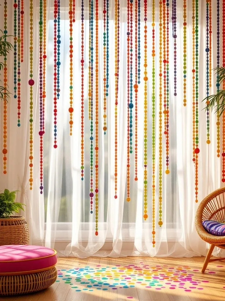 Colorful beaded curtains hanging in a cozy seating area
