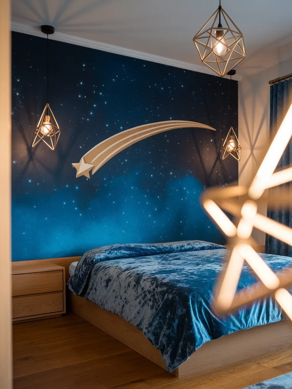 A bedroom featuring a shooting star accent wall with a deep blue background and a golden star design.