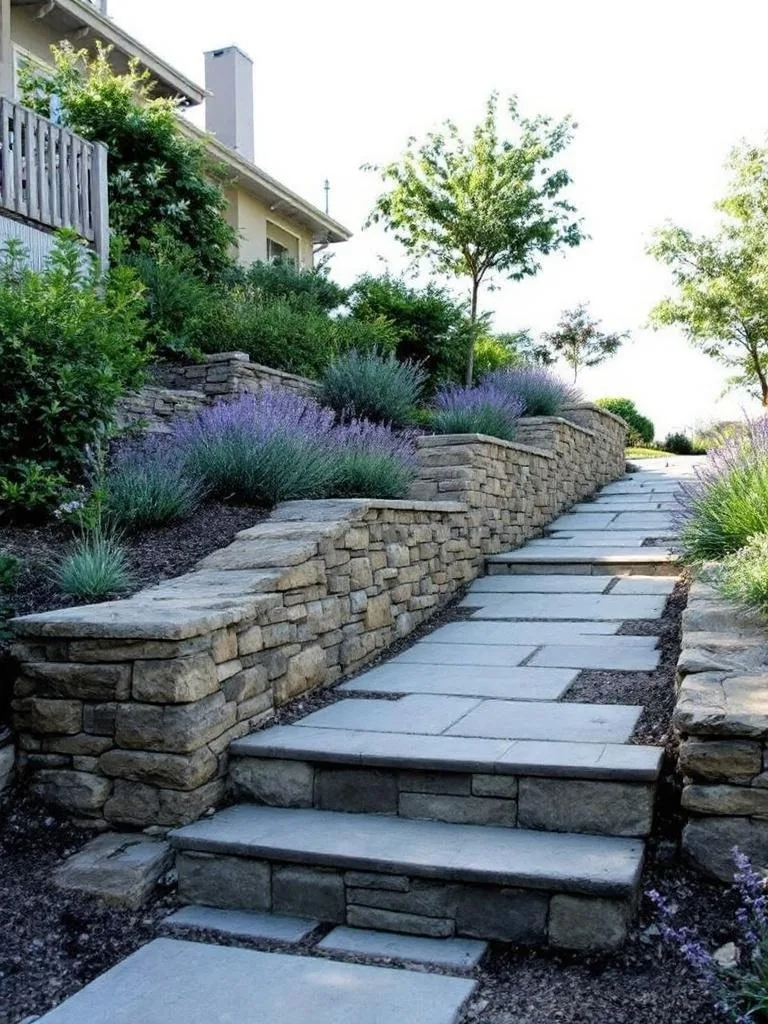 A sloped walkway made of paver stones with retaining walls and surrounding greenery.