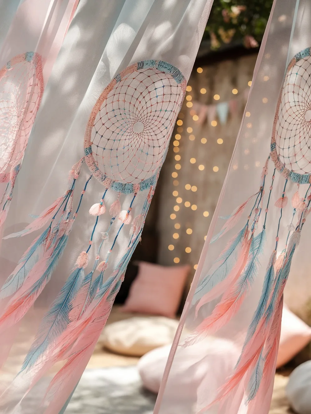 Dreamcatcher curtains in soft pink and blue colors, creating a boho vibe.