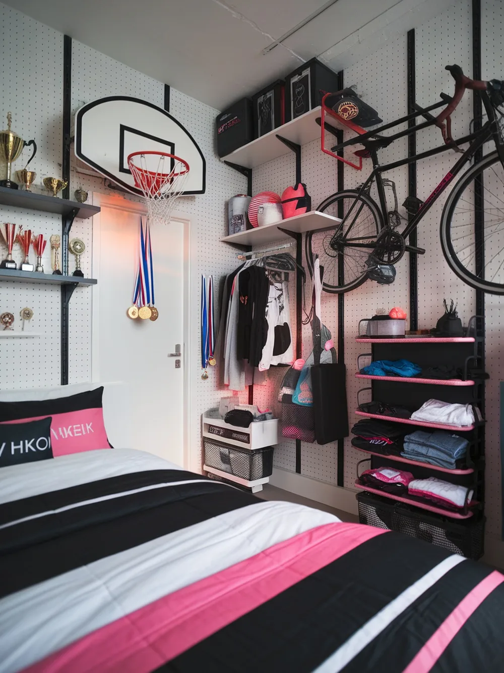 A sporty teen girl's bedroom with a basketball hoop, trophies, and a bicycle on the wall.