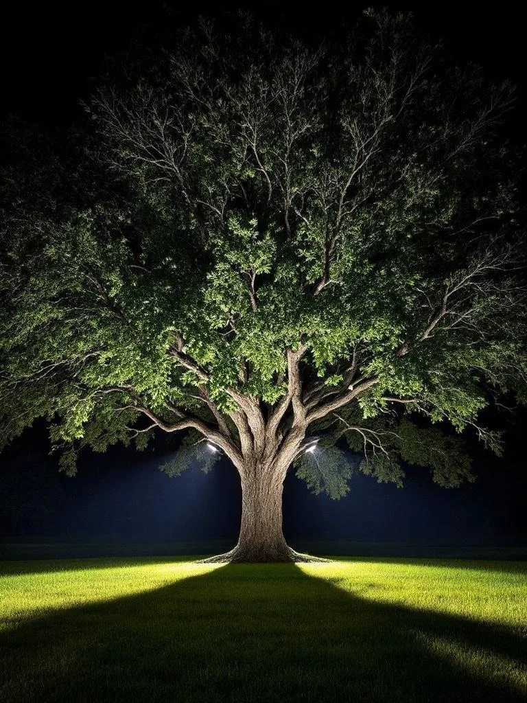 A beautifully lit tree at night, showcasing shadows on the lawn.
