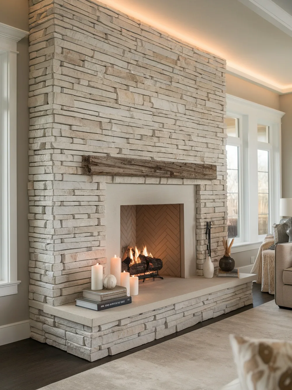 A cozy living room featuring a stacked stone veneer accent wall around a fireplace.
