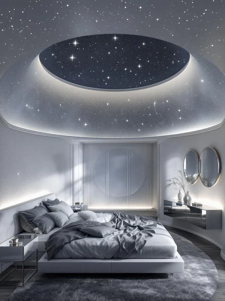 A modern bedroom with a star dome ceiling, featuring a bed and glass side tables.