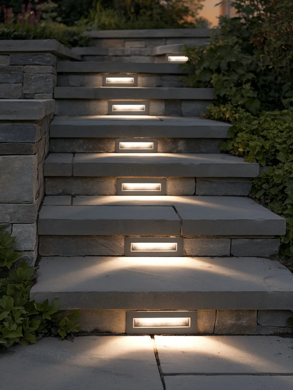 Well-lit outdoor stairs with step lights