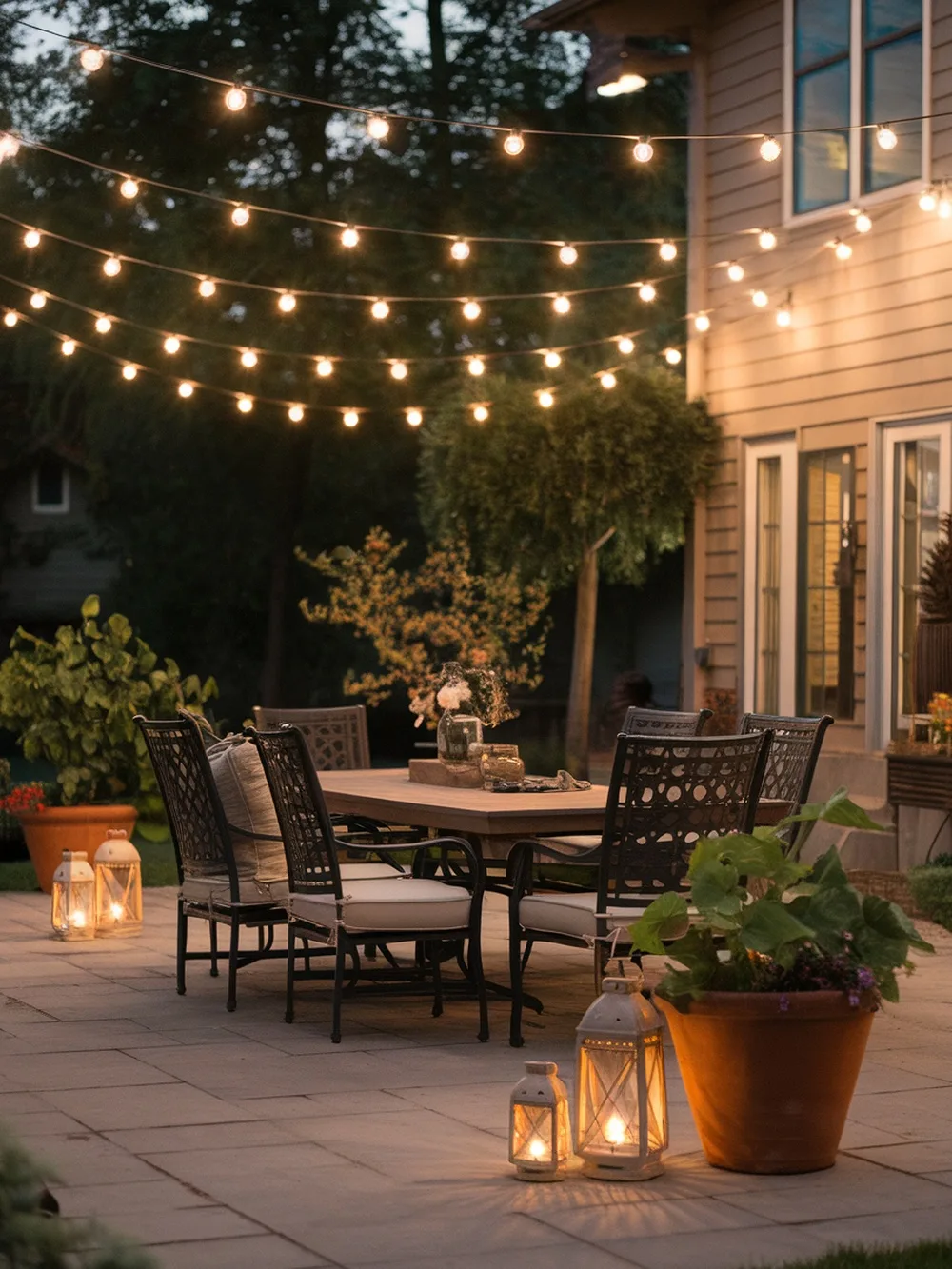 A cozy backyard with string lights illuminating a dining area.