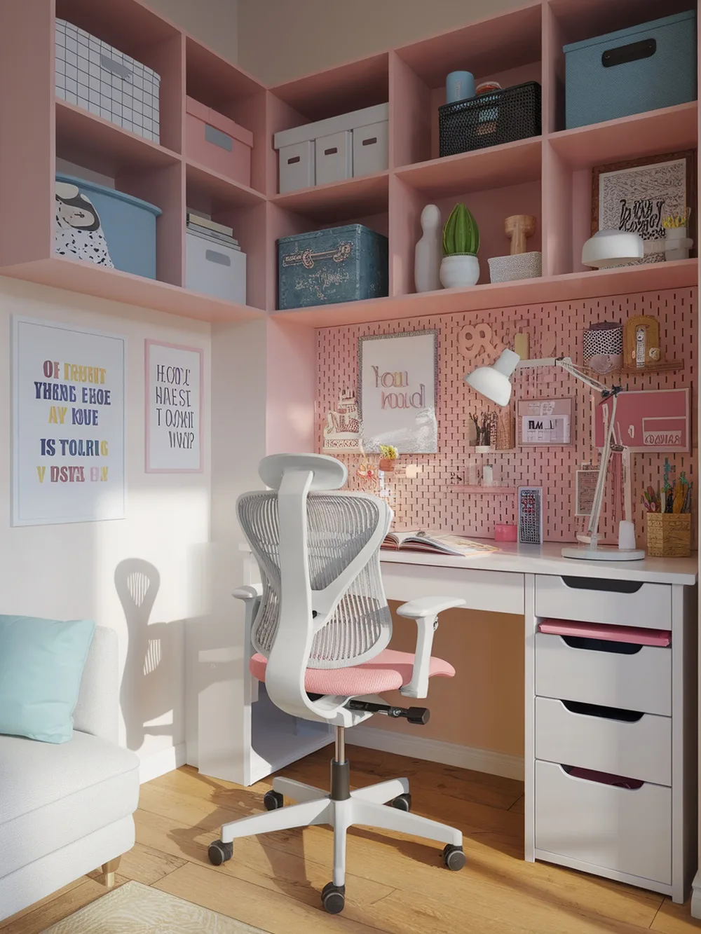 A stylish and functional study corner with a modern desk, comfortable chair, and colorful shelving.