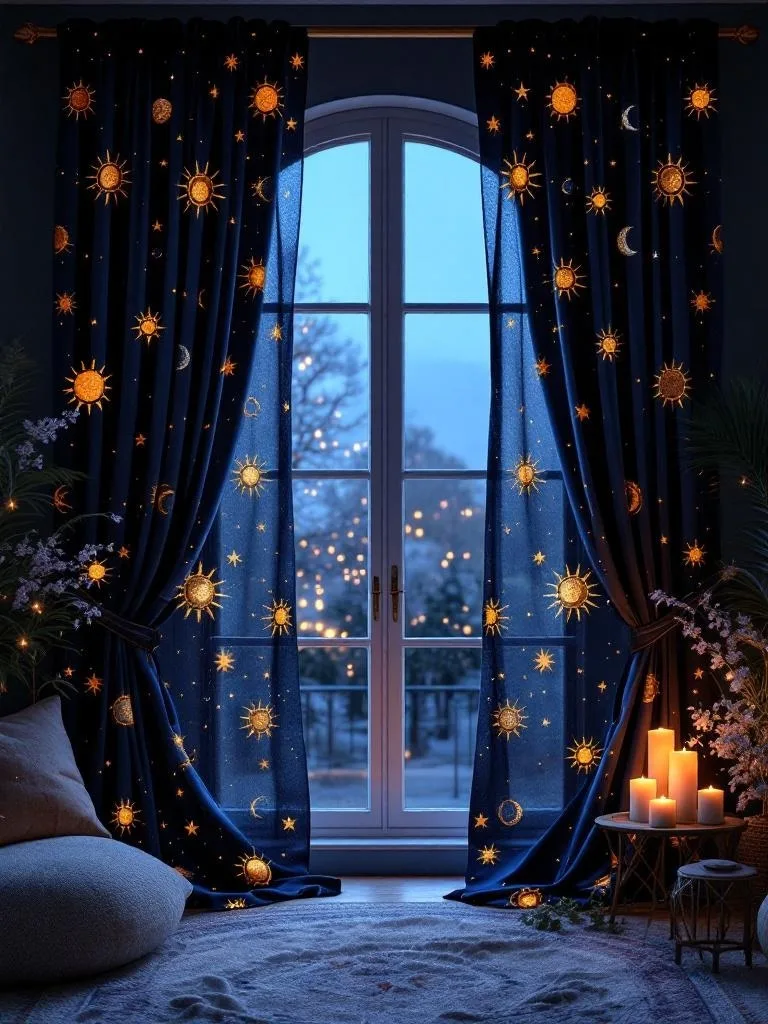 Sun-and-moon themed curtains in a cozy room with candles and a moon rug.