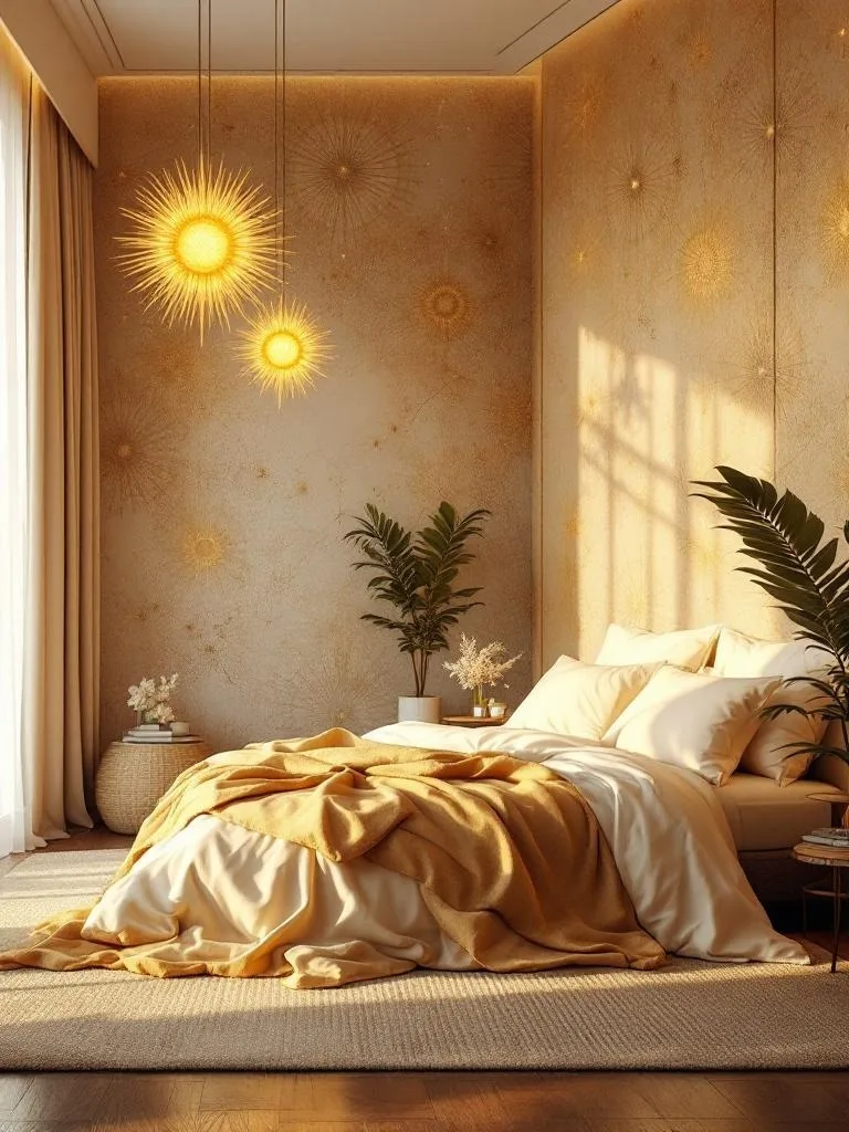 A cozy bedroom with golden decor and starburst lighting.