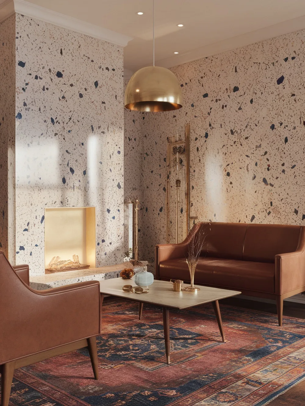 Living room with terrazzo accent wall, fireplace, and stylish furniture.