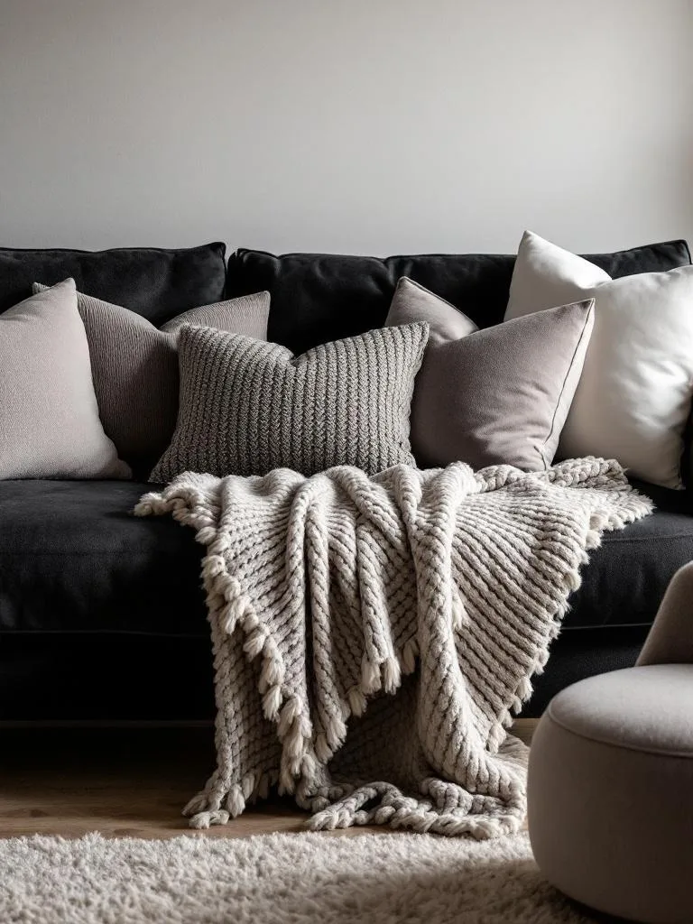 A cozy black couch with textured pillows and throws, surrounded by a plush rug and greenery.