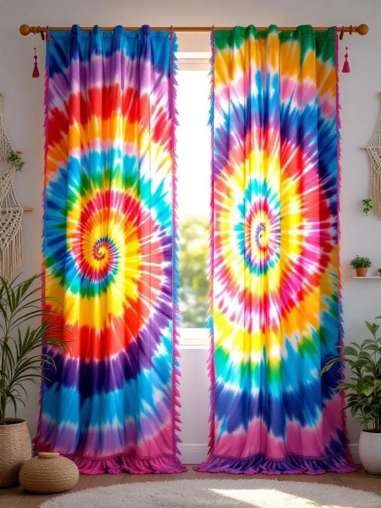 Colorful tie-dye rainbow curtains with tassels hanging in a bright room