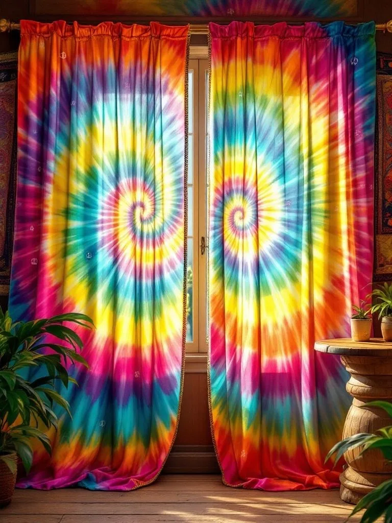 Colorful tie-dyed curtain with peace symbols