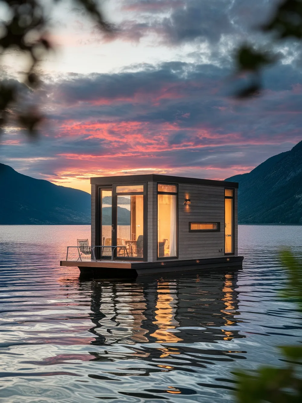 A modern tiny house boathouse floating on a lake during sunset.