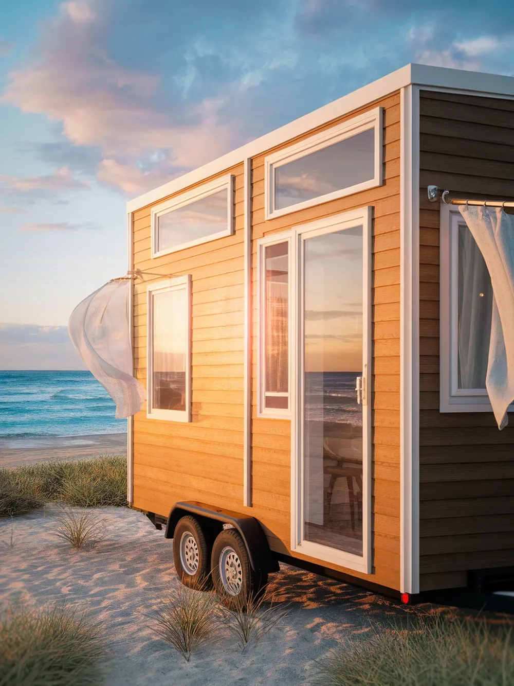 A tiny house on wheels by the beach with large windows and a wooden exterior.