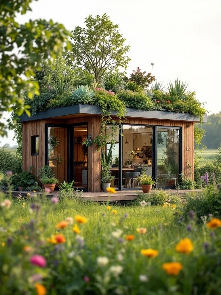 A tiny house featuring a lush rooftop garden with various plants and flowers.