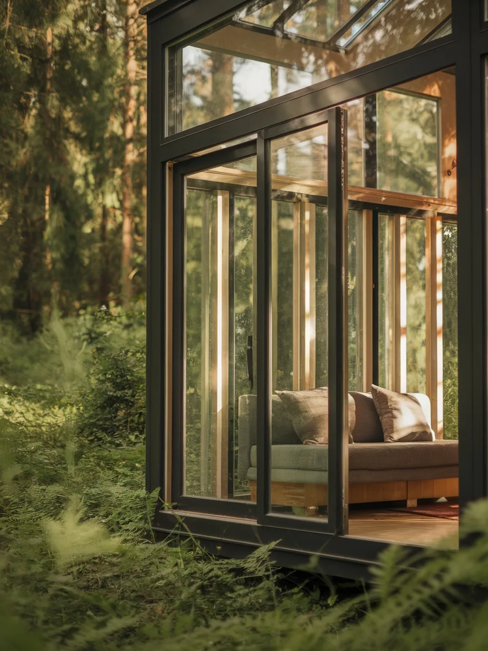 A tiny house with glass walls surrounded by greenery, featuring a cozy sofa inside.