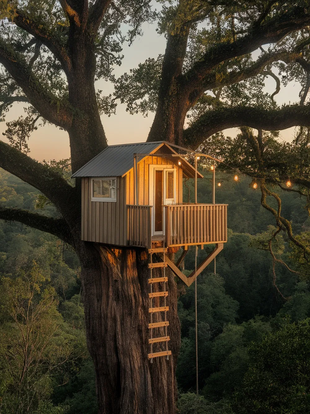 A cozy treehouse with a wooden exterior and lights, nestled in a large tree, surrounded by greenery.