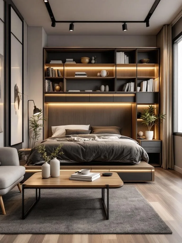 A modern tiny living space featuring transformable furniture, including a bed that folds away and a coffee table with storage.