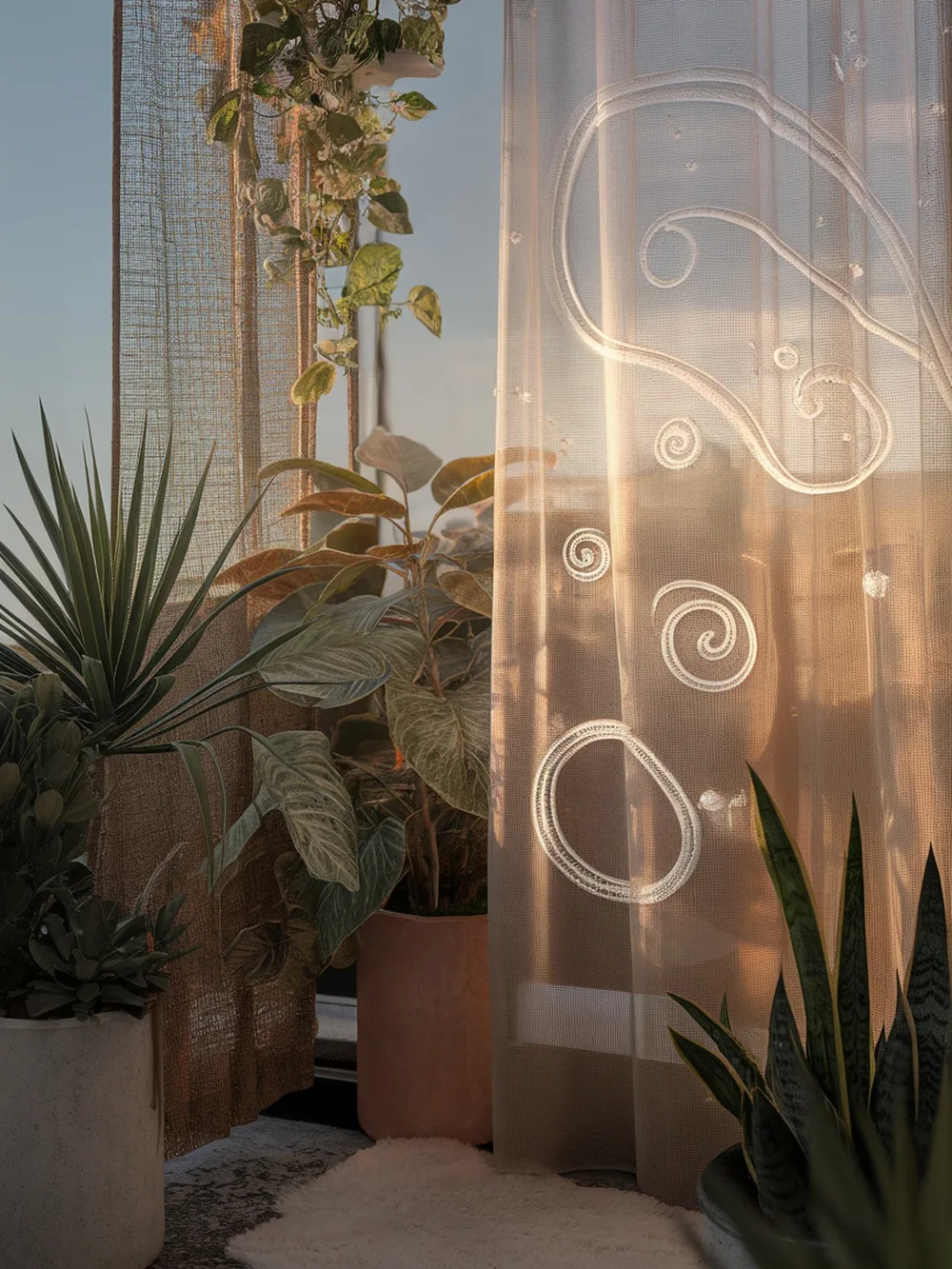 A transparent curtain with spiral doodles, surrounded by indoor plants.