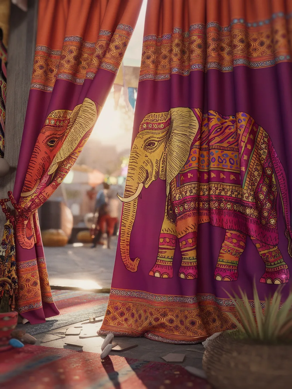 Colorful tribal elephant-print curtains in vibrant orange and purple with intricate designs.