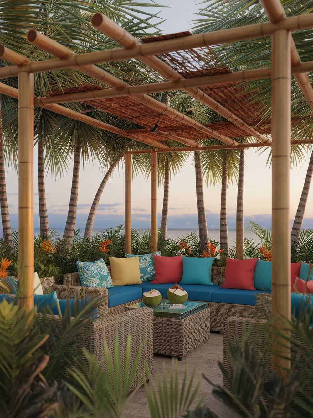 A tropical palm pergola with bamboo structure and colorful seating surrounded by palm trees.