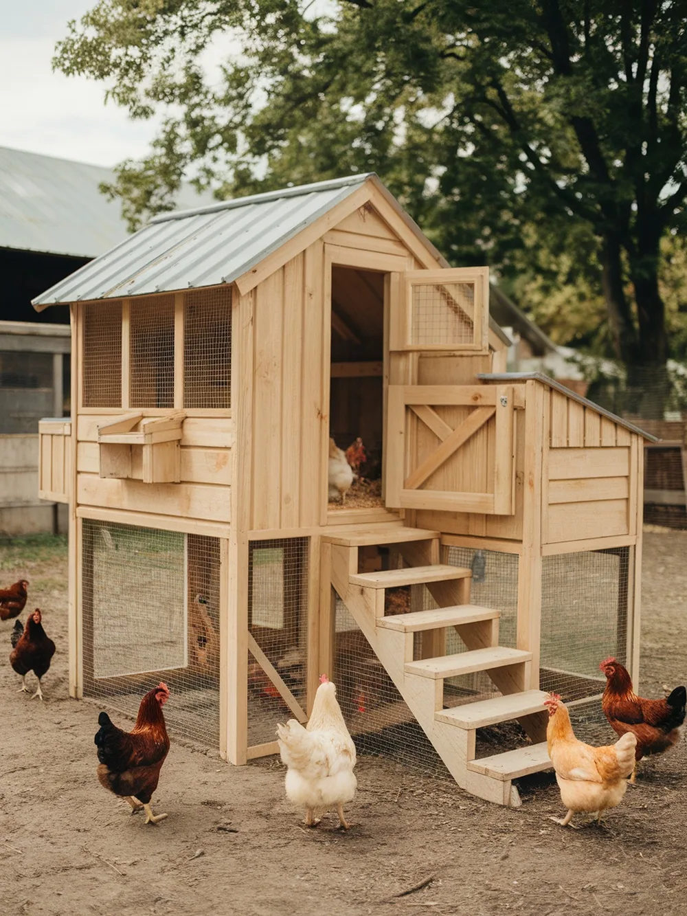 Two-level wooden chicken coop with roosting area and nesting boxes, surrounded by chickens.