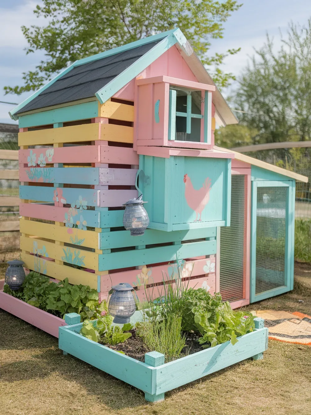 Colorful upcycled pallet chicken coop with artistic designs and surrounding planters.