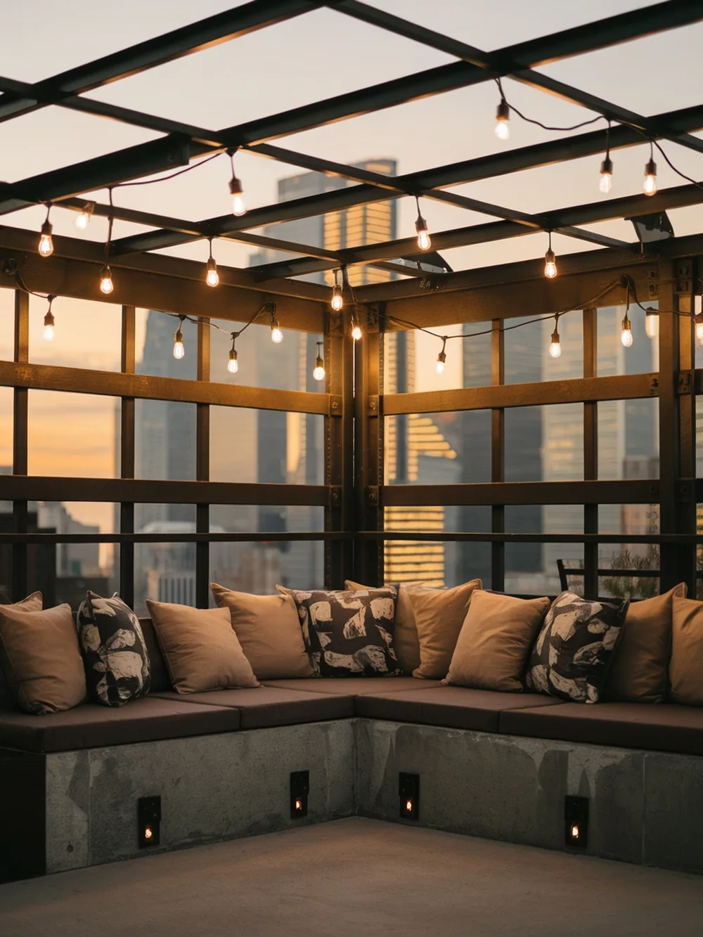 An urban industrial pergola with string lights and cozy seating, set against a city skyline.