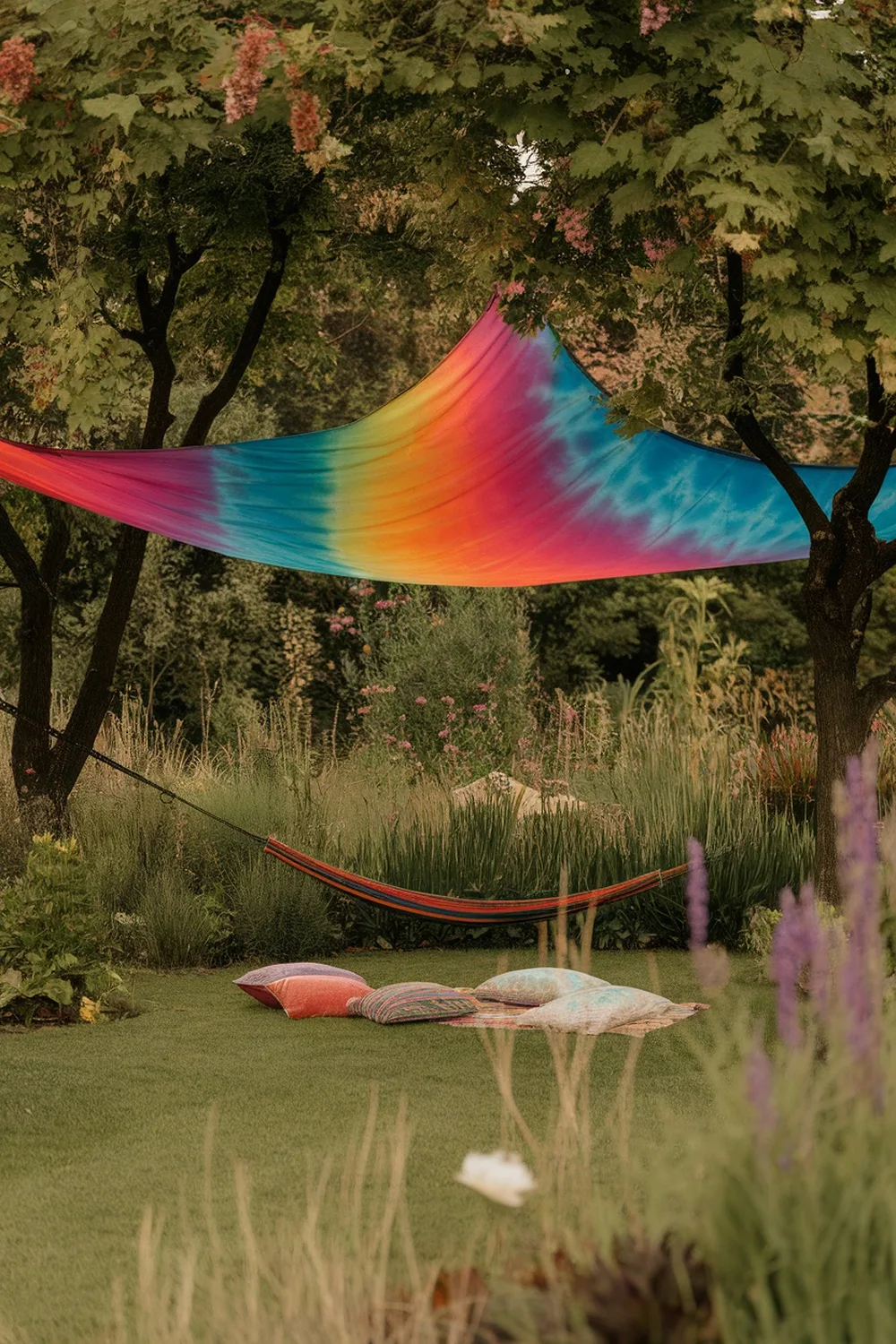 A colorful tie-dye fabric canopy draped between trees, with a hammock underneath and cushions on the grass.