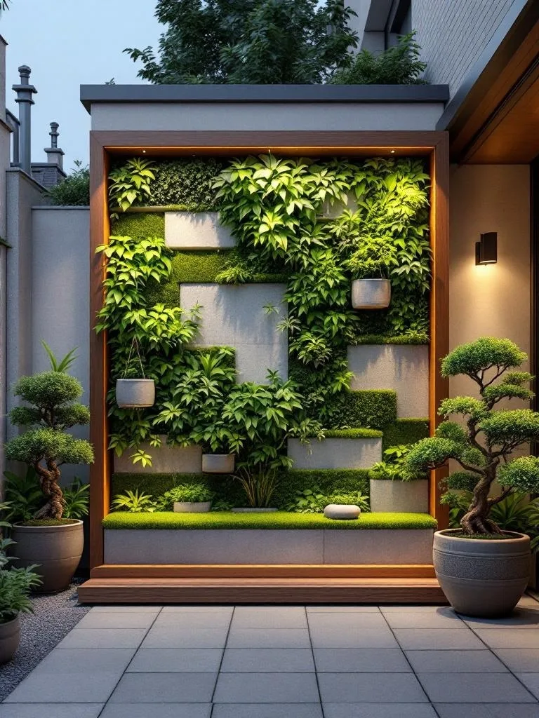A vertical Japanese garden featuring various plants and moss on a wall.