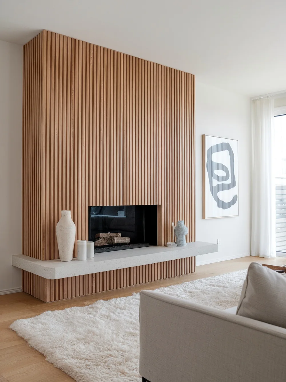 A modern fireplace with a vertical slat wood wall, featuring a concrete shelf and decorative vases.