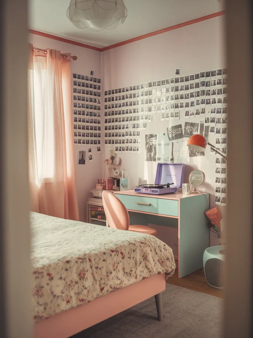 A cozy vintage-inspired teen bedroom with pink walls, floral bedding, and a wall full of photos.