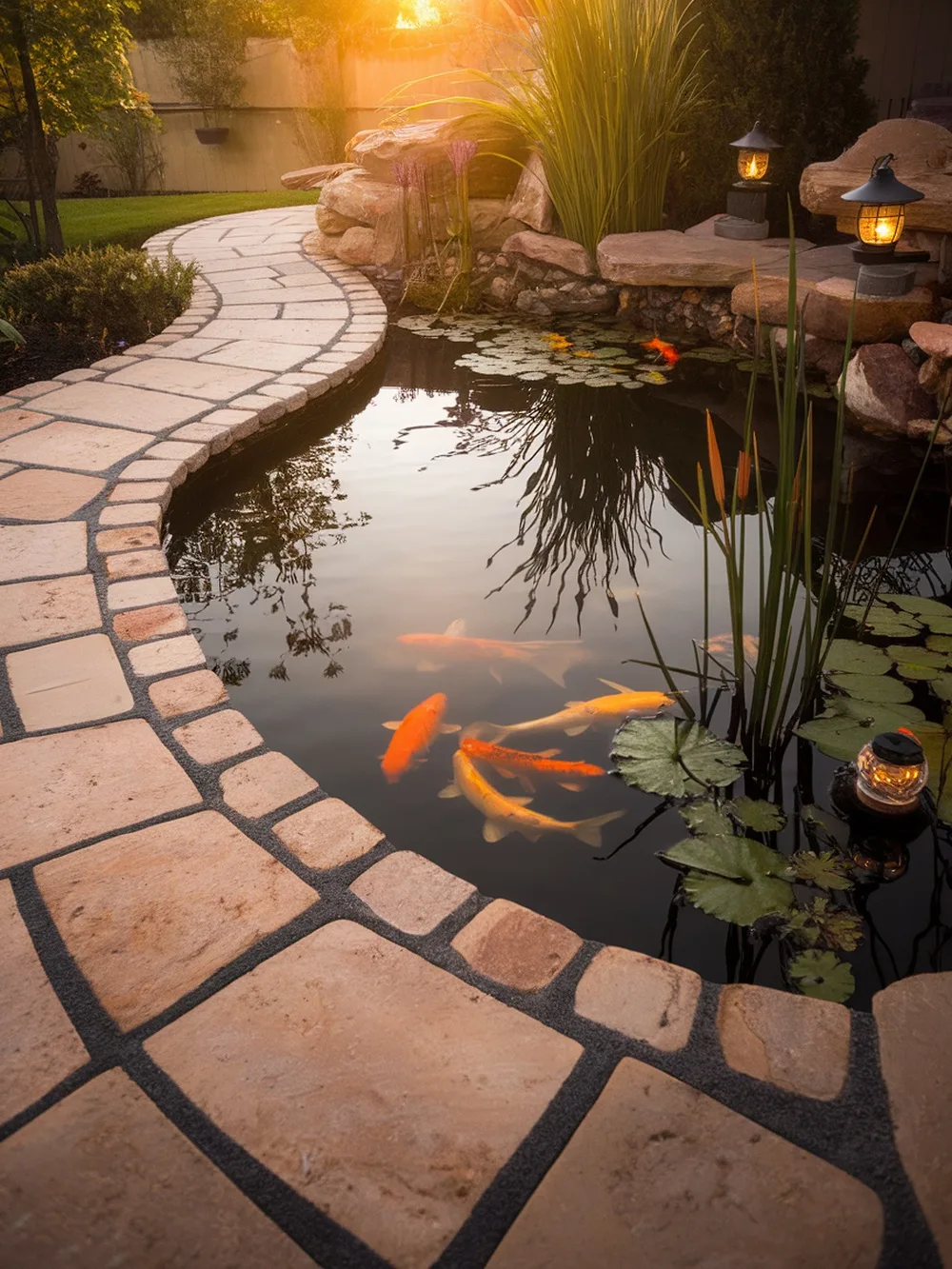 A curved paver walkway surrounding a pond with koi fish and lanterns.