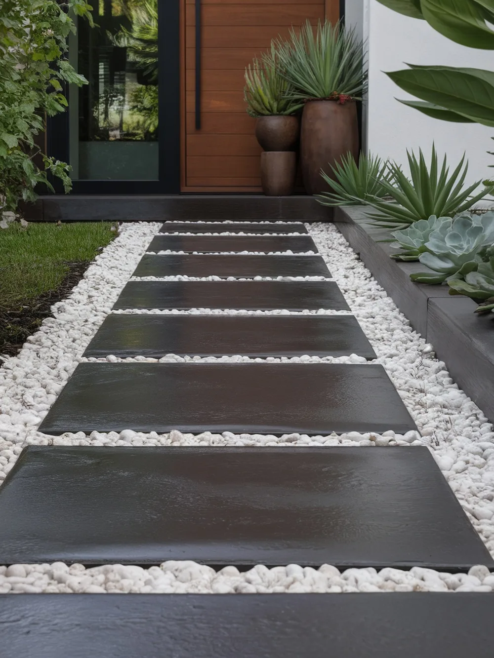 A modern walkway made of dark stone slabs bordered by white decorative pebbles, with potted plants nearby.