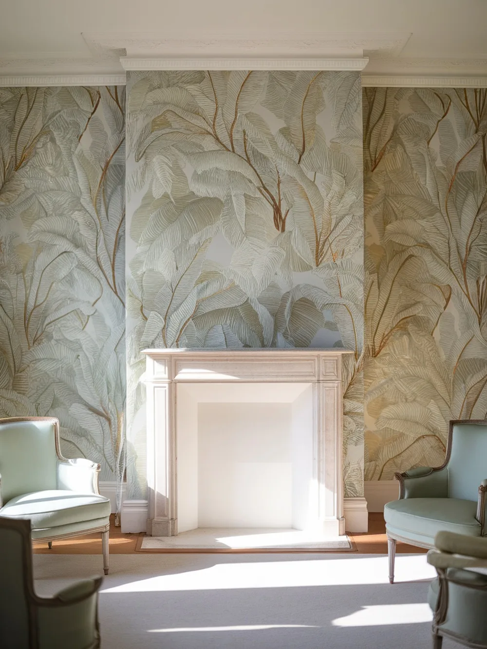 A beautifully wallpapered fireplace wall featuring leafy patterns, with elegant chairs on either side.