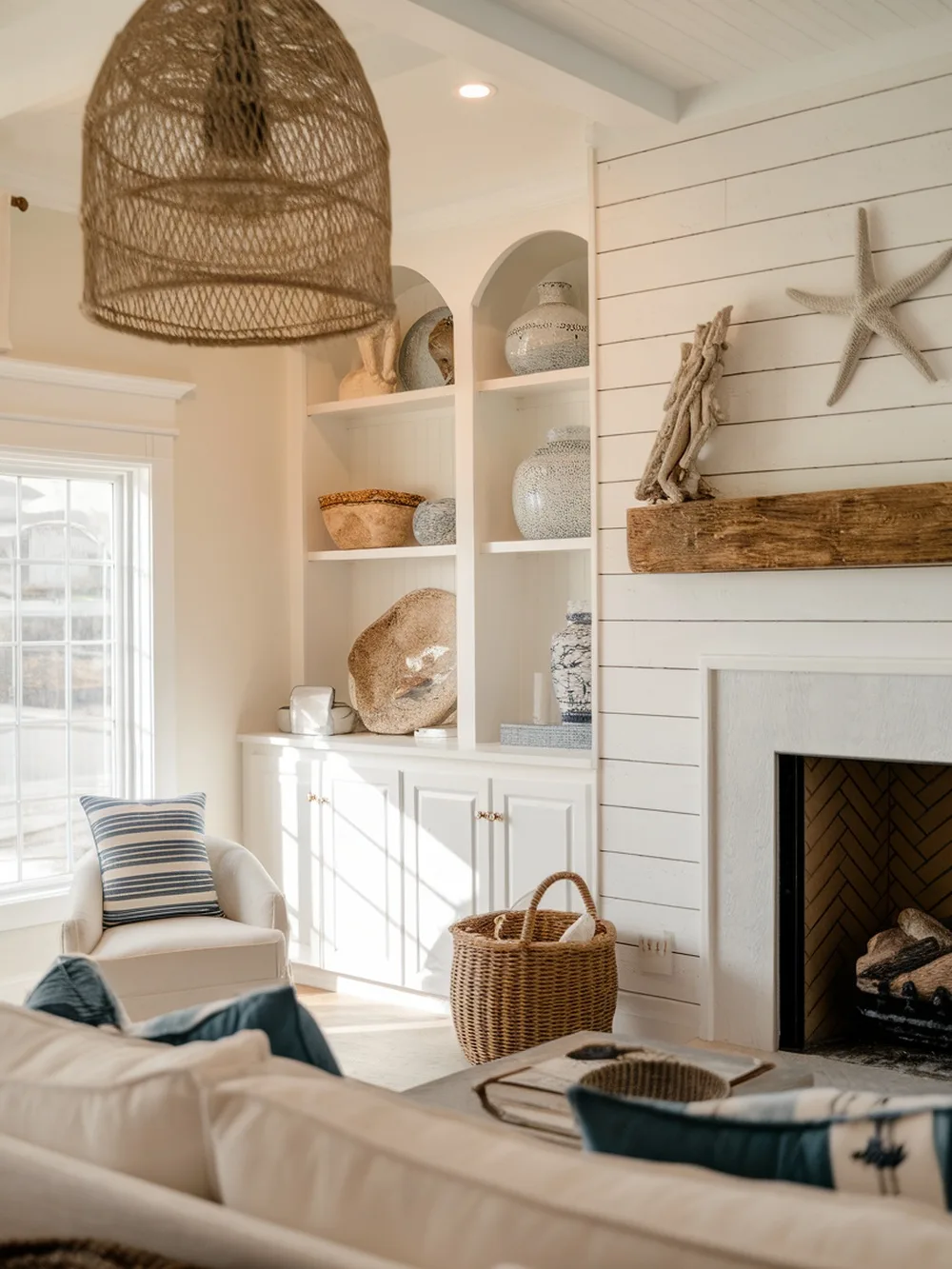 Cozy living room with a whitewashed shiplap wall and fireplace.