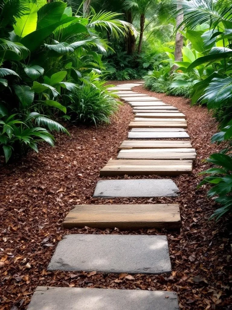A winding walkway made of wooden slats and concrete pavers surrounded by lush greenery.
