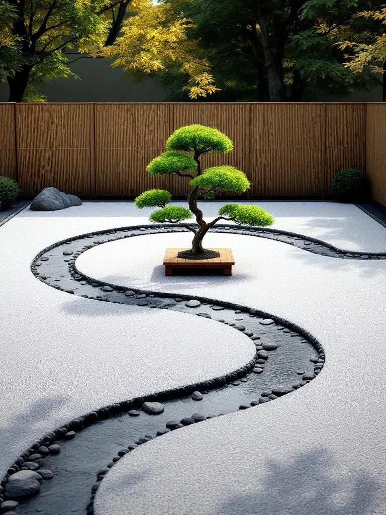 A Zen rock garden featuring sculptural stones, raked sand, and a bonsai tree.
